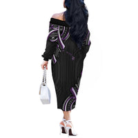 Traditional Art Hawaiian Kakau Tattoos Off The Shoulder Long Sleeve Dress Purple Color LT03 - Polynesian Pride