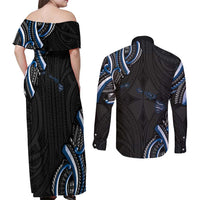Traditional Art Hawaiian Kakau Tattoos Couples Matching Off Shoulder Maxi Dress and Long Sleeve Button Shirt Blue Color - Polynesian Pride