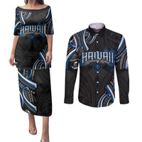 Traditional Art Hawaiian Kakau Tattoos Couples Matching Puletasi and Long Sleeve Button Shirt Blue Color LT03 Blue - Polynesian Pride