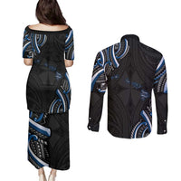 Traditional Art Hawaiian Kakau Tattoos Couples Matching Puletasi and Long Sleeve Button Shirt Blue Color LT03 - Polynesian Pride