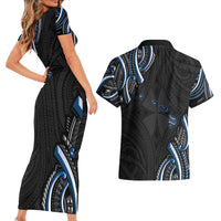 Traditional Art Hawaiian Kakau Tattoos Couples Matching Short Sleeve Bodycon Dress and Hawaiian Shirt Blue Color - Polynesian Pride