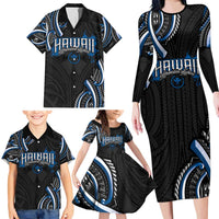 Traditional Art Hawaiian Kakau Tattoos Family Matching Long Sleeve Bodycon Dress and Hawaiian Shirt Blue Color - Polynesian Pride