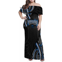 Traditional Art Hawaiian Kakau Tattoos Family Matching Off Shoulder Maxi Dress and Hawaiian Shirt Blue Color LT03 Mom's Dress Blue - Polynesian Pride