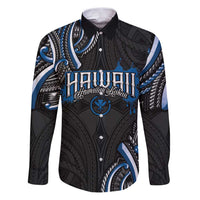 Traditional Art Hawaiian Kakau Tattoos Family Matching Puletasi and Hawaiian Shirt Blue Color LT03 Dad's Shirt - Long Sleeve Blue - Polynesian Pride