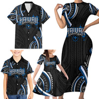 Traditional Art Hawaiian Kakau Tattoos Family Matching Short Sleeve Bodycon Dress and Hawaiian Shirt Blue Color - Polynesian Pride