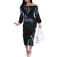 Traditional Art Hawaiian Kakau Tattoos Off The Shoulder Long Sleeve Dress Blue Color LT03 Women Blue - Polynesian Pride
