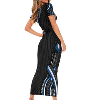 Traditional Art Hawaiian Kakau Tattoos Short Sleeve Bodycon Dress Blue Color LT03 - Polynesian Pride