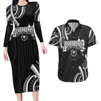 Traditional Art Hawaiian Kakau Tattoos Couples Matching Long Sleeve Bodycon Dress and Hawaiian Shirt White - Polynesian Pride
