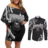 Traditional Art Hawaiian Kakau Tattoos Couples Matching Off Shoulder Short Dress and Long Sleeve Button Shirt White - Polynesian Pride