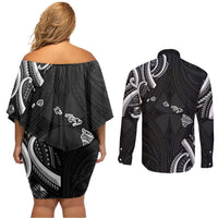 Traditional Art Hawaiian Kakau Tattoos Couples Matching Off Shoulder Short Dress and Long Sleeve Button Shirt White - Polynesian Pride