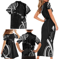 Traditional Art Hawaiian Kakau Tattoos Family Matching Short Sleeve Bodycon Dress and Hawaiian Shirt White - Polynesian Pride