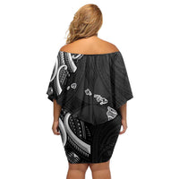 Traditional Art Hawaiian Kakau Tattoos Off Shoulder Short Dress White - Polynesian Pride