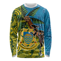 Tuvalu and Australia Together Long Sleeve Shirt Tapa Pattern and Aboriginal mix Culture LT03 Unisex Multicolor - Polynesian Pride