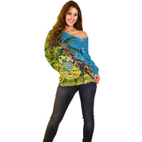Tuvalu and Australia Together Off Shoulder Sweater Tapa Pattern and Aboriginal mix Culture LT03 - Polynesian Pride