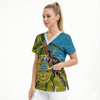 Tuvalu and Australia Together Scrub Top Tapa Pattern and Aboriginal mix Culture LT03 - Polynesian Pride
