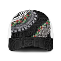 Fiji Hibiscus Baseball Net Cap Tapa Masi Motifs with Tropical Plants LT03 One Size White Black - Polynesian Pride