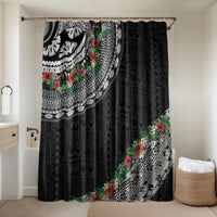 Fiji Hibiscus Bathroom Set Tapa Masi Motifs with Tropical Plants LT03 Shower Curtain Only Black - Polynesian Pride