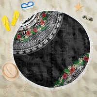 Fiji Hibiscus Beach Blanket Tapa Masi Motifs with Tropical Plants LT03 One Size 150cm Black - Polynesian Pride