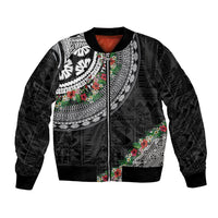 Fiji Hibiscus Bomber Jacket Tapa Masi Motifs with Tropical Plants LT03 Unisex Black - Polynesian Pride