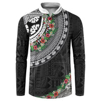Fiji Hibiscus Button Sweatshirt Tapa Masi Motifs with Tropical Plants LT03 Black - Polynesian Pride