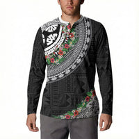 Fiji Hibiscus Button Sweatshirt Tapa Masi Motifs with Tropical Plants LT03 - Polynesian Pride
