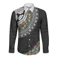 Fiji Hibiscus Long Sleeve Button Shirt Tapa Masi Motifs with Tropical Plants LT03 Unisex Black - Polynesian Pride