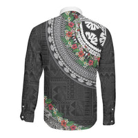 Fiji Hibiscus Long Sleeve Button Shirt Tapa Masi Motifs with Tropical Plants LT03 - Polynesian Pride