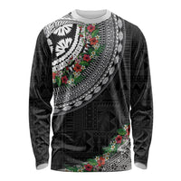 Fiji Hibiscus Long Sleeve Shirt Tapa Masi Motifs with Tropical Plants LT03 Unisex Black - Polynesian Pride