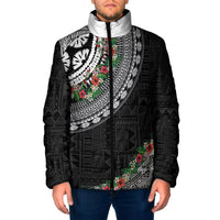 Fiji Hibiscus Padded Jacket Tapa Masi Motifs with Tropical Plants LT03 Men Black - Polynesian Pride