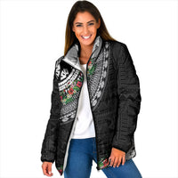 Fiji Hibiscus Padded Jacket Tapa Masi Motifs with Tropical Plants LT03 Women Black - Polynesian Pride