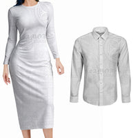 Samoa Lotu Tamaiti Couples Matching Long Sleeve Bodycon Dress and Long Sleeve Button Shirt Tribal Tatau with Siapo Pattern LT03 White - Polynesian Pride