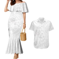Tonga Faka Sepitema Couples Matching Mermaid Dress and Hawaiian Shirt Ngatu Pattern with Plumeria and Hibiscus LT03 White - Polynesian Pride