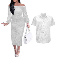 Tonga Faka Sepitema Couples Matching Off The Shoulder Long Sleeve Dress and Hawaiian Shirt Ngatu Pattern with Plumeria and Hibiscus LT03 White - Polynesian Pride