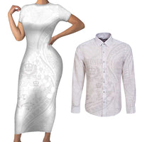 Tonga Faka Sepitema Couples Matching Short Sleeve Bodycon Dress and Long Sleeve Button Shirt Ngatu Pattern with Plumeria and Hibiscus LT03 White - Polynesian Pride