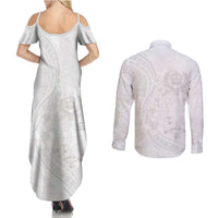 Tonga Faka Sepitema Couples Matching Summer Maxi Dress and Long Sleeve Button Shirt Ngatu Pattern with Plumeria and Hibiscus LT03 - Polynesian Pride