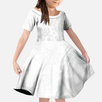 Tonga Faka Sepitema Family Matching Long Sleeve Bodycon Dress and Hawaiian Shirt Ngatu Pattern with Plumeria and Hibiscus LT03 Daughter's Dress White - Polynesian Pride