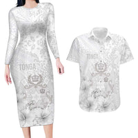 Tonga Faka Sepitema Couples Matching Long Sleeve Bodycon Dress and Hawaiian Shirt Ngatu and Floral Pattern with Blooming Hibiscus LT03 White - Polynesian Pride