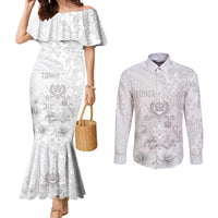 Tonga Faka Sepitema Couples Matching Mermaid Dress and Long Sleeve Button Shirt Ngatu and Floral Pattern with Blooming Hibiscus LT03 White - Polynesian Pride