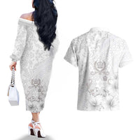 Tonga Faka Sepitema Couples Matching Off The Shoulder Long Sleeve Dress and Hawaiian Shirt Ngatu and Floral Pattern with Blooming Hibiscus LT03 - Polynesian Pride
