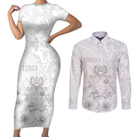 Tonga Faka Sepitema Couples Matching Short Sleeve Bodycon Dress and Long Sleeve Button Shirt Ngatu and Floral Pattern with Blooming Hibiscus LT03 White - Polynesian Pride
