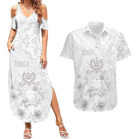 Tonga Faka Sepitema Couples Matching Summer Maxi Dress and Hawaiian Shirt Ngatu and Floral Pattern with Blooming Hibiscus LT03 White - Polynesian Pride