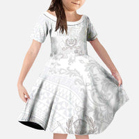 Tonga Faka Sepitema Family Matching Off The Shoulder Long Sleeve Dress and Hawaiian Shirt Ngatu and Floral Pattern with Blooming Hibiscus LT03 Daughter's Dress White - Polynesian Pride