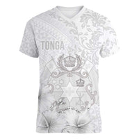 Tonga Faka Sepitema Women V-Neck T-Shirt Ngatu and Floral Pattern with Blooming Hibiscus LT03 Female White - Polynesian Pride