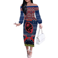 Guam Christmas Family Matching Off Shoulder Long Sleeve Dress and Hawaiian Shirt Chamorro Guam Tattoos Beautiful Merry Xmas Snowflake LT03 Mom's Dress Blue - Polynesian Pride
