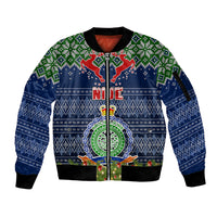 Personalised Niue Christmas Sleeve Zip Bomber Jacket Coat of Arms and Map Beautiful Merry Xmas Snowflake LT03 Unisex Blue - Polynesian Pride