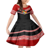 Personalised Tonga Kid Short Sleeve Dress Tonga Coat of Arms with Seamless Tapa Ngatu Pattern LT03 KID Black - Polynesian Pride