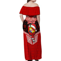 Personalised Tonga Christmas Family Matching Off Shoulder Maxi Dress and Hawaiian Shirt Tongan Coat of Arms Santa With Ngatu Pattern Christmas Red Style LT03 - Polynesian Pride