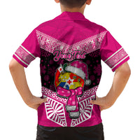 Personalised Tonga Christmas Family Matching Off Shoulder Long Sleeve Dress and Hawaiian Shirt Tongan Coat of Arms Santa With Ngatu Pattern Christmas Pink Style LT03 - Polynesian Pride