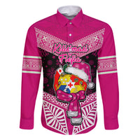 Personalised Tonga Christmas Family Matching Off Shoulder Maxi Dress and Hawaiian Shirt Tongan Coat of Arms Santa With Ngatu Pattern Christmas Pink Style LT03 Dad's Shirt - Long Sleeve Pink - Polynesian Pride