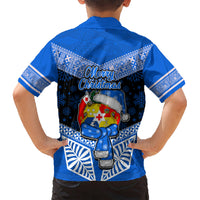 Tonga Christmas Kid Hawaiian Shirt Tongan Coat of Arms Santa With Ngatu Pattern Christmas Blue Style LT03 - Polynesian Pride